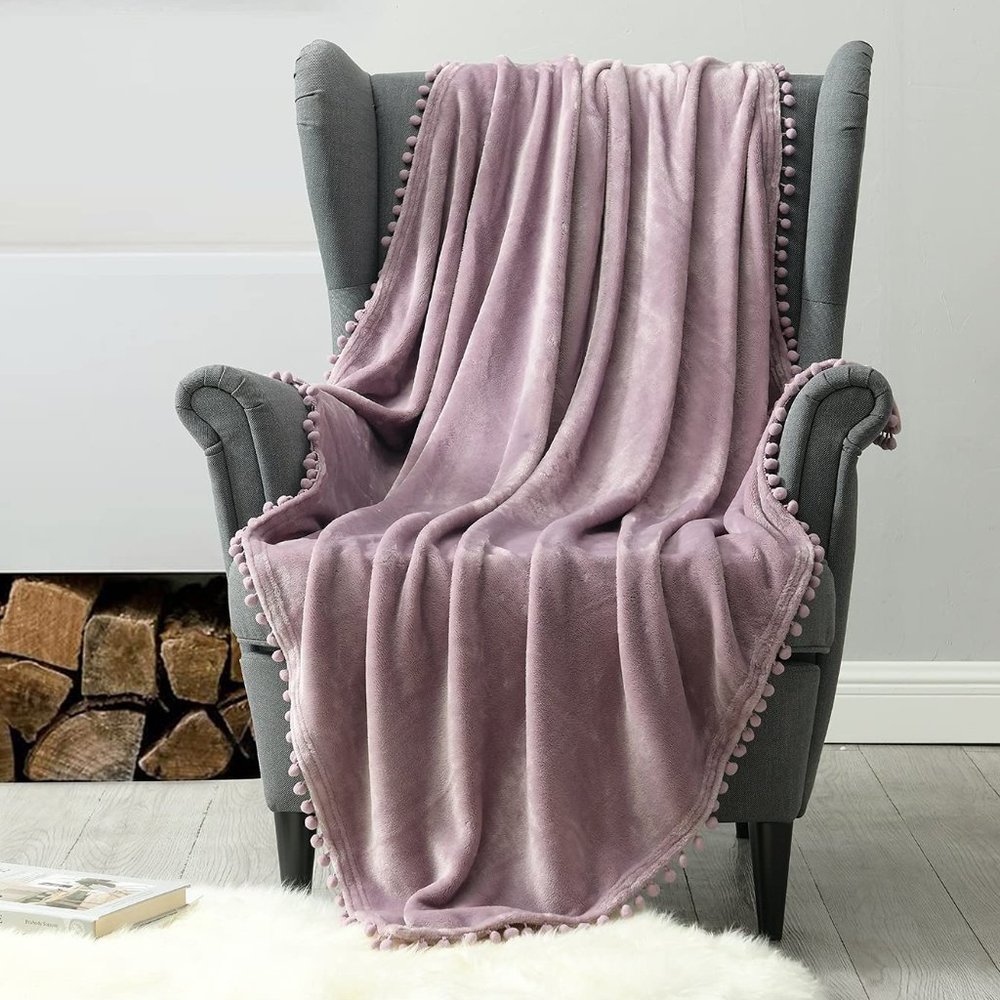 Light Lilac Purple Cute Pompom Fringe Chic Cozy Soft Trendy SofaThrow Blanket - Picture 2 of 16